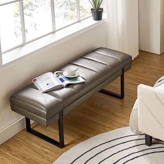 HULALA HOME 53" Faux Leather Entryway Bench, Button Tufted End of Bed Bench Ottoman for Bedroom, Living Room with Metal Base, Grey