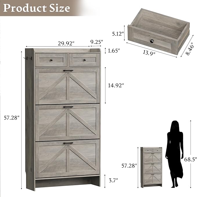 Shoe Storage Cabinet for Entryway, Farmhouse Narrow Shoe Cabinet with 3 Flip Drawers & 2 Top Drawers, Adjustable Shelves & Hooks, Freestanding Hidden Rack Organizer for Hallway, Foyer