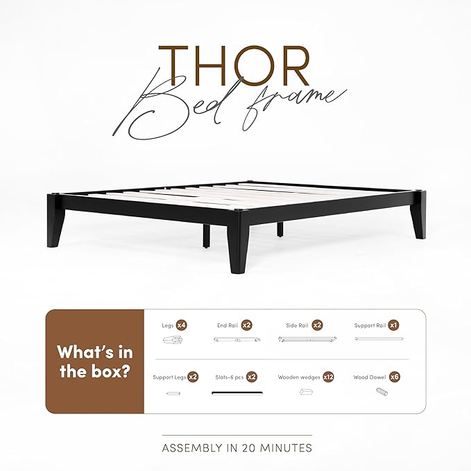 Thor Bed Frame Full - Solid Wood Platform Bed - Japanese Joinery Bed Frame - Wood Slat Support - No Box Spring Needed - Easy Assembly - Minimalist & Modern Style (Midnight Charcoal)