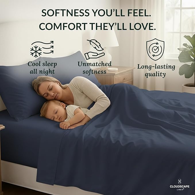 Cloud Scape Linen 100% Egyptian Cotton Sheets Full Size, 4 Pieces Luxury Bedding Set, 400 Thread Count,Hotel Quality, Silky Soft, Deep Pockets up to 17, Dark Denim