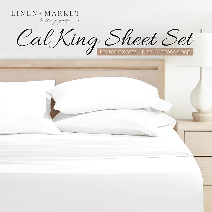 Linen Market Bed Sheets for California King Size Bed (White) - Sleep Better Than Ever with These Soft and Cooling California King Sheets - Deep Pocket Fits 16" Thick Beds - 4 Piece Cal King Sheet Set