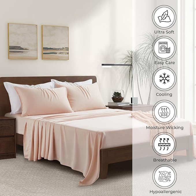 Luxury Bamboo Market | Queen Size Bed Sheet Set | 100% Viscose Made from Bamboo | Organically Grown | Ultra Soft | Cooling Sheets for Hot Sleepers | 17" Deep Pocket [Vintage Pink]