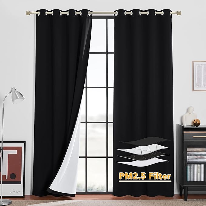 RYB HOME Dust & Odor Isolated Curtains for Living Room, Anti Dust Full Light & UW Ray Block Thermal Insulated Window Panels for Sliding Glass Door Laundry Room Furance, Black, W52 x L95 inch, 2 Pieces