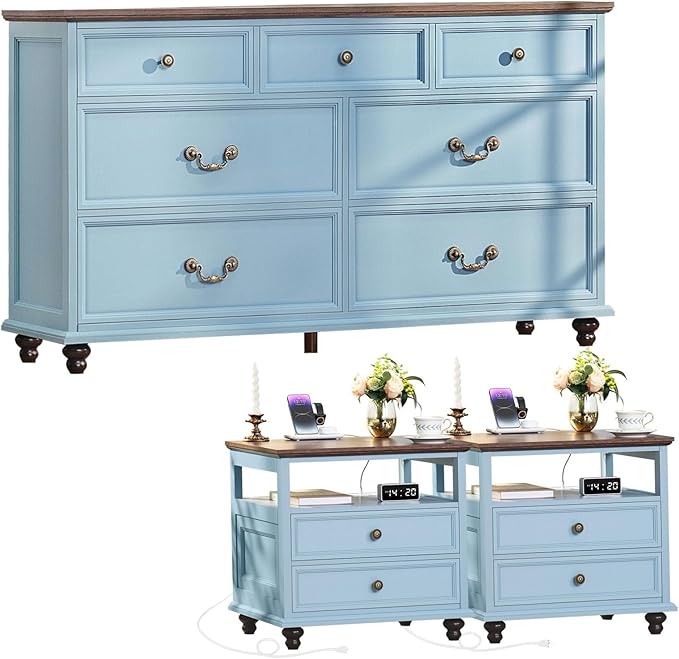 Farmhouse Furniture Set, Nightstands Set of 2 and 7 Drawers Dresser for Bedroom, 54 Inch Wide Wood Dresser and 24" Night Stands with Charging Station for Bedroom, Living Room, Hallway