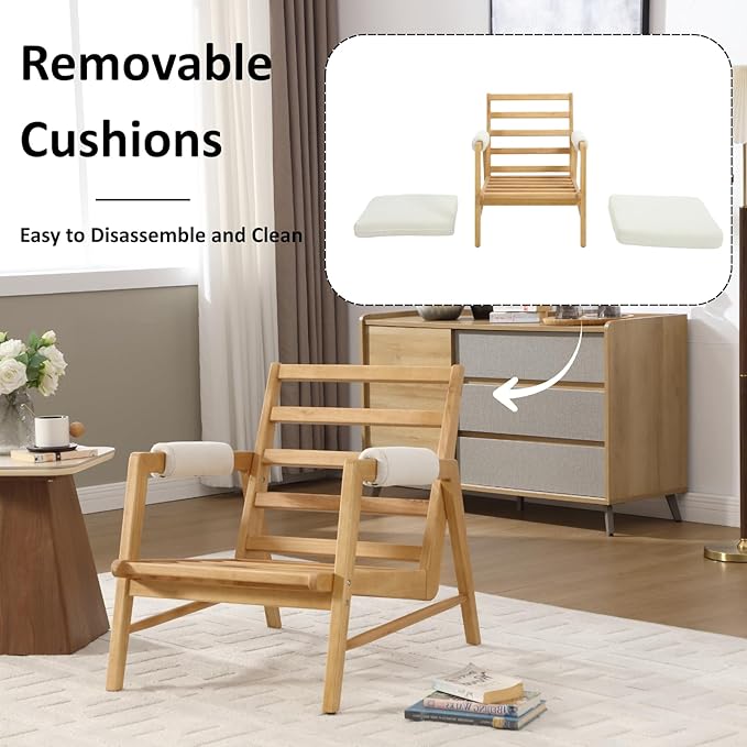 HEAH-YO Modern Accent Chair Set of 2, Upholstered Linen Fabric Living Room Chair with Wooden Frame, Comfy Armchair with Thick Cushion for Bedroom Balcony, Beige