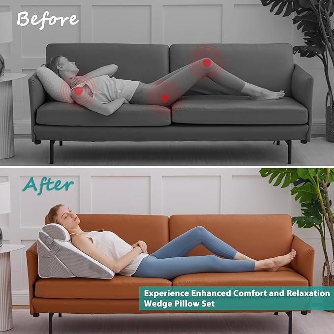 Bedluxe Wedge Pillow Headboard, 3PCS Orthopedic Bed Wedge Pillows Set for After Surgery, Adjustable Pillow Wedge for Acid Reflux&Back Pain Relief, Sleeping, Back Pillow for Bed Sitting Up, White/Grey