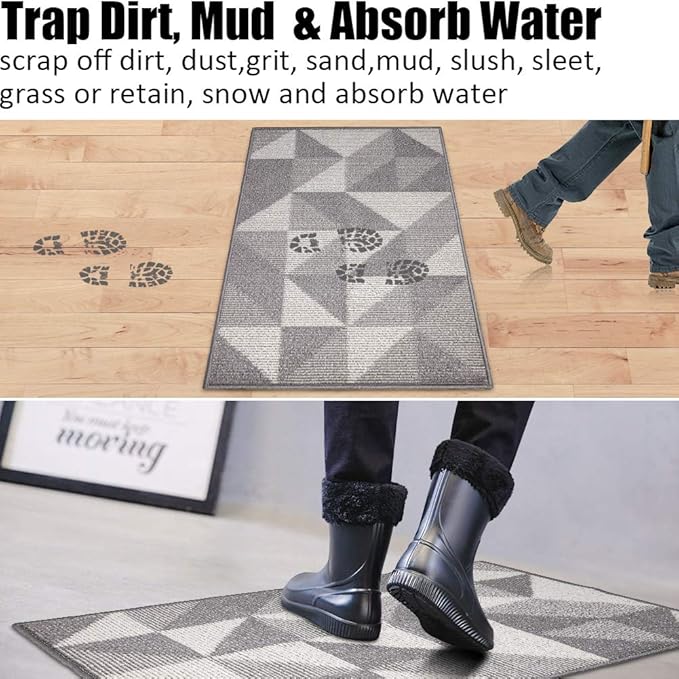 Indoor Doormat 32"x 48", Absorbent Front Back Door Mat, Rubber Backing Non Slip Floor Mats Inside Mud Dirt Trapper Outside Entrance Front Door Rug Carpet, Machine Washable Low Profile - Grey Geome