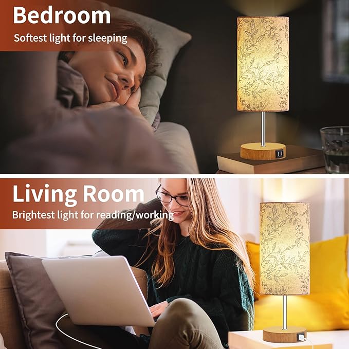 Bedside Touch Lamp, Wood Small Table lamp for Bedroom with 2 USB Charging Ports & Flower Fabric Shade, 3-Way Dimmable Nightstand Lamps for Living Room Office Reading Desk Home Dorm(LED Bulb Included)