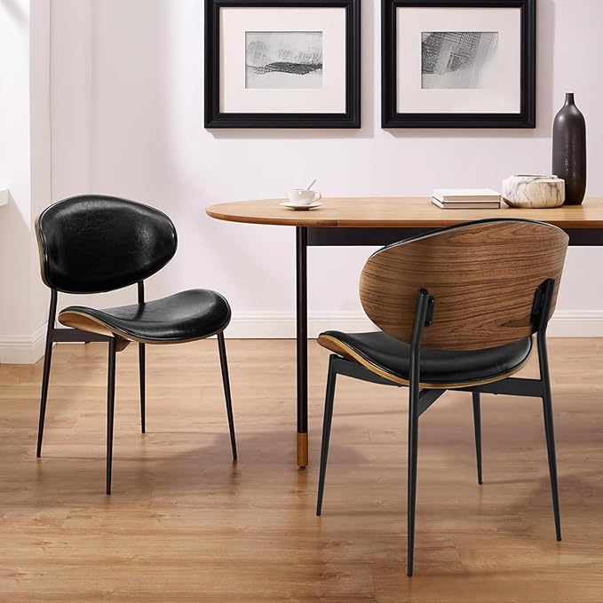 Art Leon Modern Faux Leather Dining Chairs, Set of 2, Mid Century Desk Chair No Wheels, Armless Accent Chair with Black Metal Legs, Black/Walnut