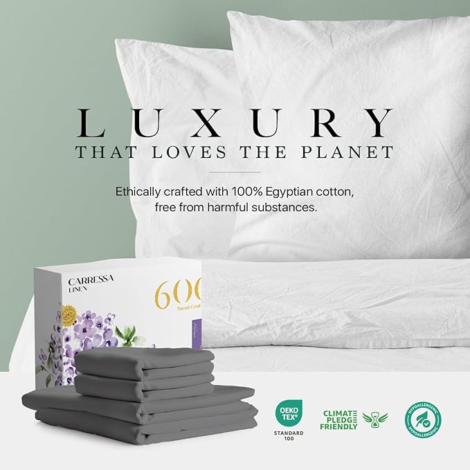 Carressa Linen 100% Egyptian Cotton King Size Sheets Set - 600 Thread Count Egyptian Cotton Queen Sheets King Size (4 PC, Graphite Gray), Soft, Cooling, 16" Deep Pocket Sateen Weave Luxury Bed Sheet