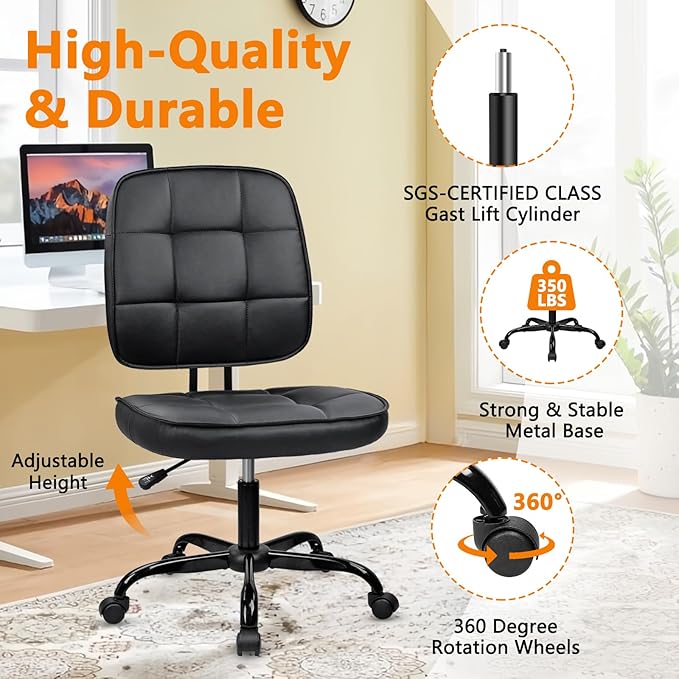 CLATINA Armless Home Office Chair with Lumbar Support and Wheels, Small PU Leather Ergonomic Low Back Desk Chairs No Arms, Adjustable Height 360° Swivel Rolling Computer Task Chair, Black, 2 Pack