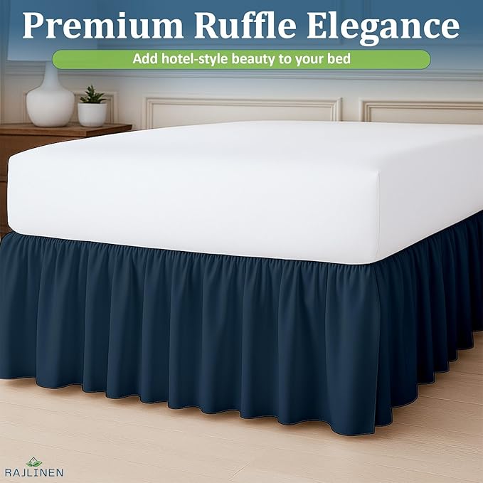 Rajlinen Ruffled Bed Skirt Full XL, 21 Inch Drop Dust Ruffle with Split Corners, 100% Microfiber Bedskirt with Platform, Three-Sided Coverage Ruffled Gathering Design, Navy Blue
