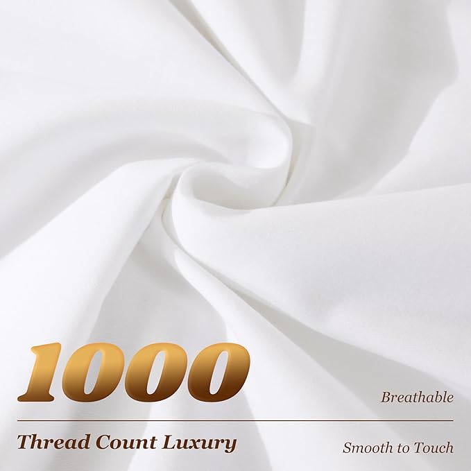 LBRO2M 100% Egyptian Cotton Sheets Set 1000 Thread Count,Queen Size Bed Sheet 4 Piece Sets,Long Staple,16 Inches Deep Pocket,All Season,Bedding Super Soft Breathable,Sateen Weave(White)