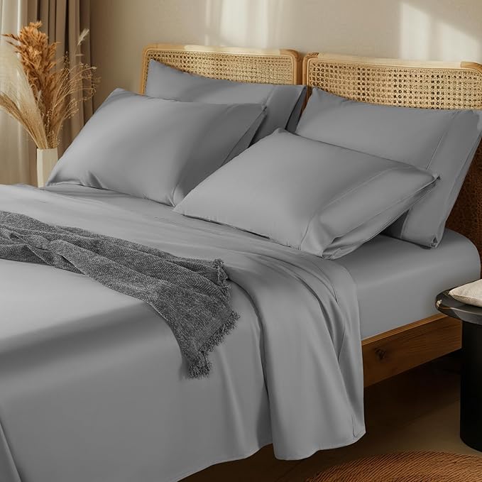 LBRO2M 1000 Thread Count 100% Egyptian Cotton Sheets Set 6 Piece Sets California King Bed Sheet Deep Pocket Sheet Set 16" Soft Comfortable All Season (California King, Gray)