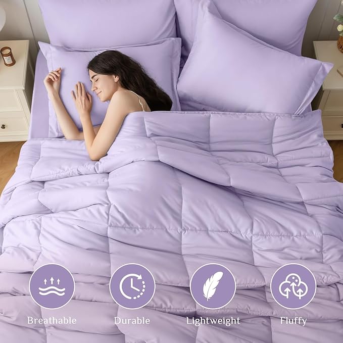 JOLLYVOGUE Full Comforter Set, Ultra-Soft Bed in a Bag Full Size 7 Pieces, Oeko-TEX Certified Bedding Set with Down Alternative Comforter, Sheets, Pillowcases & Shams, Lavender
