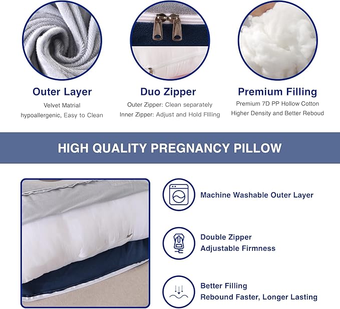 ALLOPERA Pregnancy Pillow, Full Body Maternity Pillow 57 inch, with Removable Washable Cover - Sleep Support for Legs, Back, Neck, Shoulder, HIPS, Belly, Velvet Cover-Grey-Dark Blue