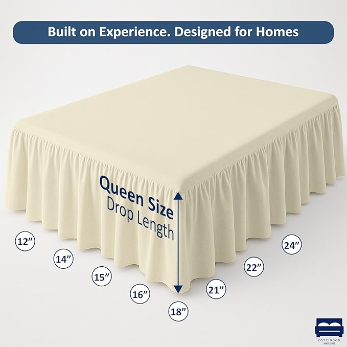 Ruffled Bed Skirt with Split Corners-Dust Ruffle - 14" Drop 100% Microfiber Soft,Sheen & Luxurious Look - Bed Skirts (Ivory -Queen)