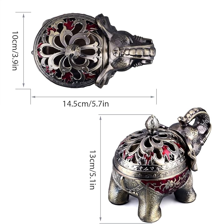 K COOL Metal Backflow Incense Holder Elephant Cone Incense Burner Candle Holder with Lid, Aromatherapy Ornament Home Office Decoration for Indoor Outdoor (Red)
