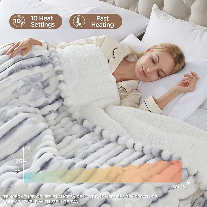 Westinghouse Electric Blanket Full Size, Super Cozy Luxury Faux Fur & Sherpa Heated Blanket with 10 Heating Levels & 1-12 Hours Auto Off, Fast Heating Blanket, Machine Washable, 80x 84 Inch Blue Gray