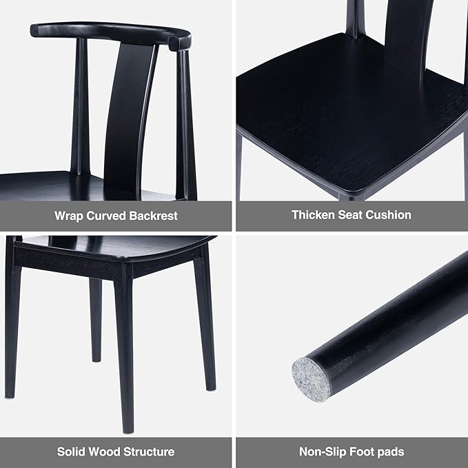 Mid Century Modern Kitchen Chairs Set of 4, Wooden Dining Room Chairs Wishbone Chair with Curved Back Armless Accent Chair for Living Room Restaurant, Black