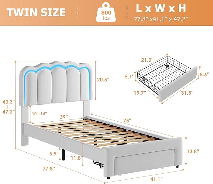 Velvet Upholstered Twin LED Bed Frame with Storage Drawer and Adjustable Double Wavy Headboard, Princess Platform Bed for Kids/Girls/Boys, Solid Wood Slats Support,No Box Spring Needed,Grey
