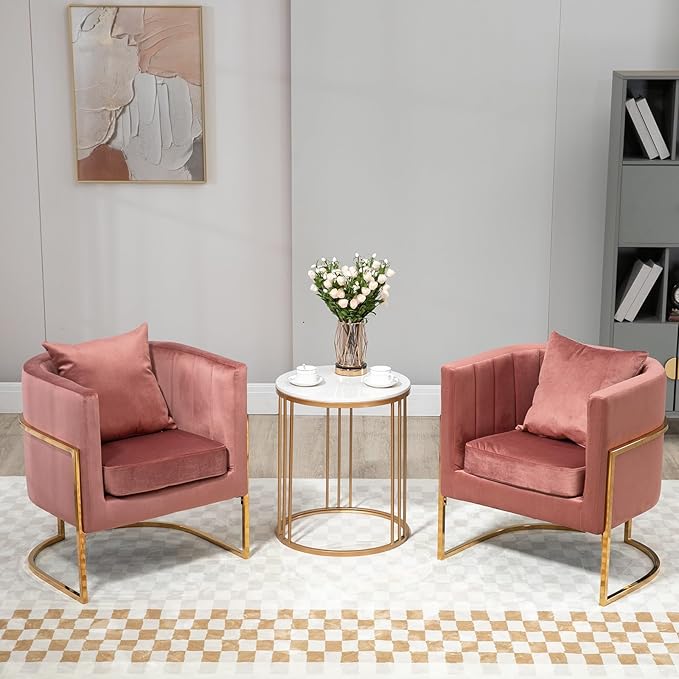 Velvet Modern Accent Chair, Upholstered Barrel Armchair Mid Century with Pillow for Living Room, Comfy Single Vanity Chair with Metal Gold Legs for Bedroom, Pink