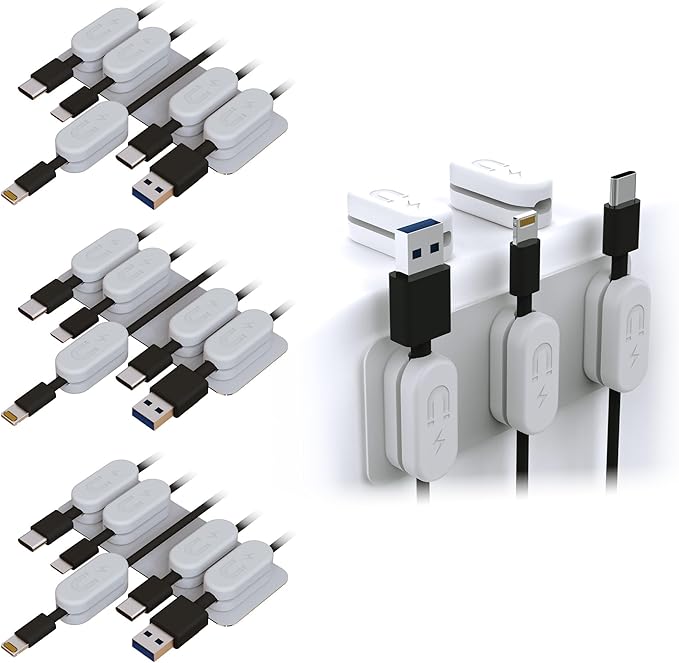 Chargeworx Magnetic Cable Holder for Cable Management – Multipurpose Desktop Cable Management System, 20-PK, Great for USB-C, Lightning, Micro-USB & Other Cables – Sticks to Any Surface (20-PK White)