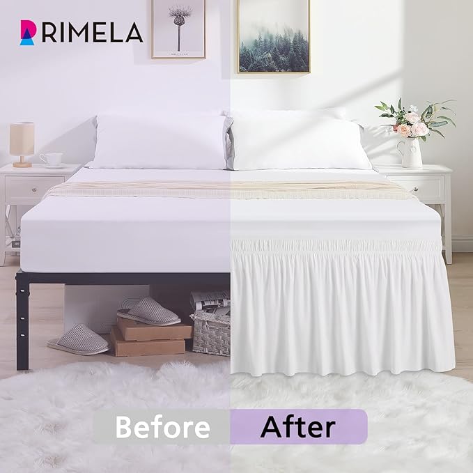 RIMELA White Bed Skirt Twin Size 15 Inch Drop, Elastic Bed Skirting for Bed Base and Frame, Bedding Dust Ruffle Easy to Install, Lightweight Wrap Around Adjustable Bedskirt