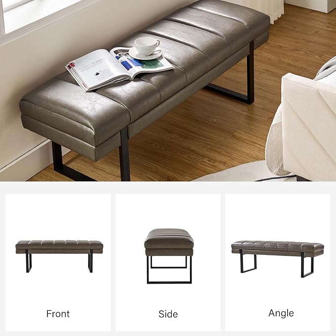 HULALA HOME 53" Faux Leather Entryway Bench, Button Tufted End of Bed Bench Ottoman for Bedroom, Living Room with Metal Base, Grey