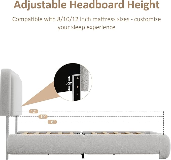Queen Size Boucle Platform Bed Frame, Upholstered Cloud with Adjustable Headboard, Anti-Collision Soft Rounded Corners, No Box Spring Required, Easy Assembly, Noise Free