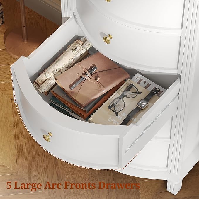 AuraCurve Tall 5-Drawer Chest, Elegant Dresser with Five Arc Fronts, Roman Column Decor, Slim Floor Standing Storage Cabinet, 48.6x23.6x15.7 Inches(White, 5 Drawer)