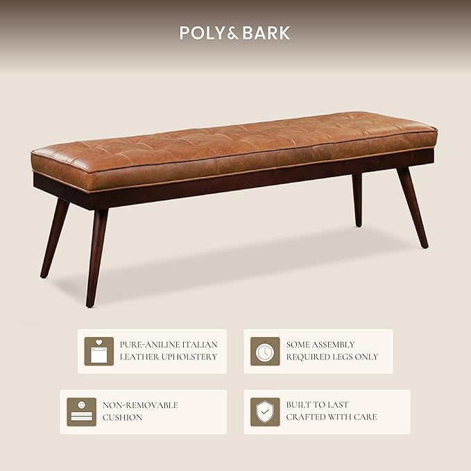 Poly & BARK 55" Tufted Leather Bed Bench for Bedroom End of Bed - Living Room Entry Way Bench - Pure Italian Leather Upholstery with a Solid Wood Frame - Ottoman Bench with Wooden Legs - Cognac Tan