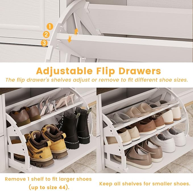 FATORRI Shoe Storage Bench, Entryway Bench with Flip Drawer, Wooden Entry Way Shoe Cabinet for Living Room Hallway (Walnut Brown+White Oak)