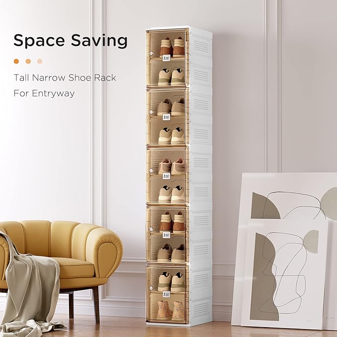 ANTBOX Shoe Organizer Storage Box, Portable Folding Shoe Rack For Closet With Magnetic Clear Door,Large Sneaker Cabinet Bins Sturdy Easy Assembly 10 Layers-10 Grids