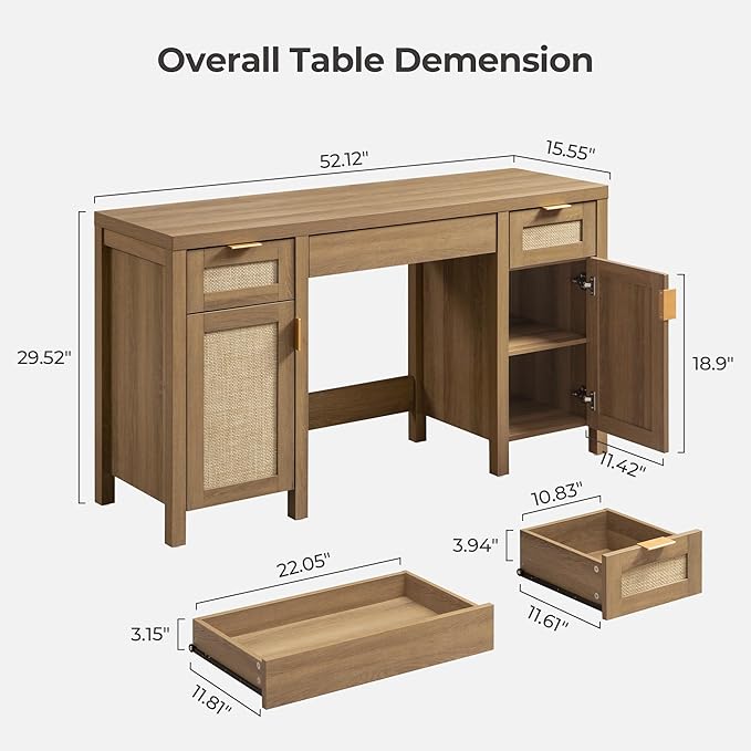 SICOTAS Rattan Vanity Home Office Desk - 52" Large Farmhouse Boho Makeup Vanity Dressing Table with 3 Drawers & 2 Storage Cabinets, Vanities Desk for Makeup Room,Bedroom, Home Office, Oak