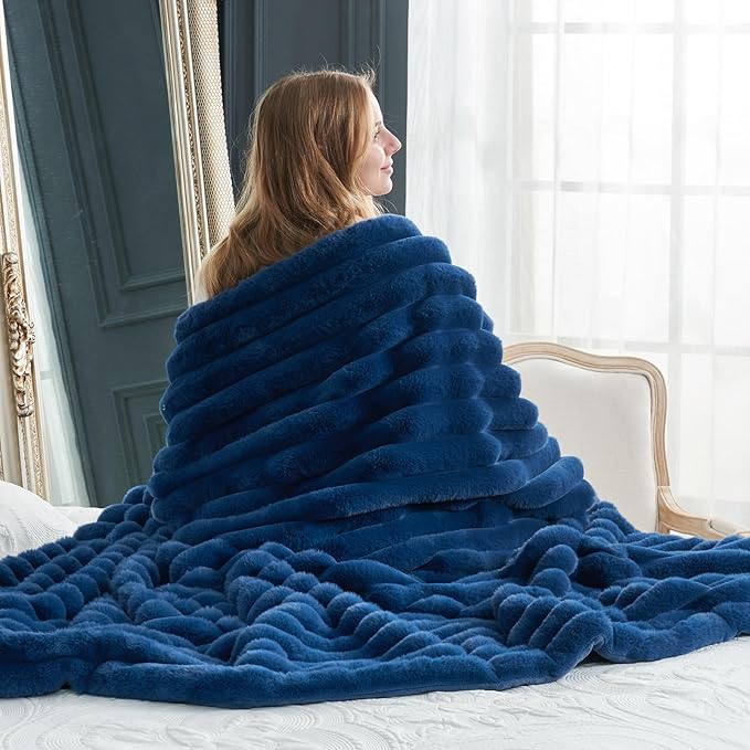 Cozy Bliss Faux Fur Throw Blanket for Couch, Cozy Warm Plush Striped Blanket for Sofa Bedroom Living Room, 60 * 80 Inches Navy Blue