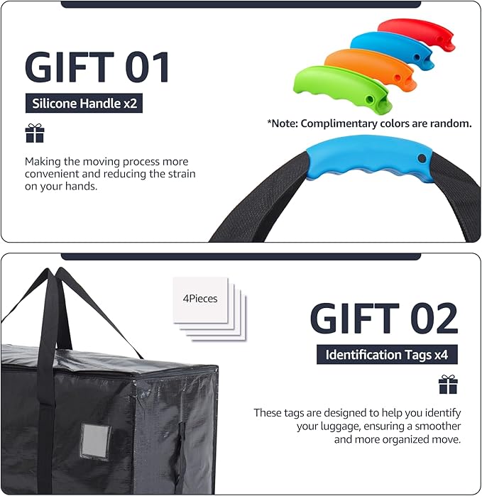 Moving Bags Heavy Duty Extra Large, Moving Boxes, Moving Supplies Essentials, Blue Storage Bins with Lids, Plastic Packing Totes, Storage Bags for Clothes with Handles & Zippers Black, 4 Pack