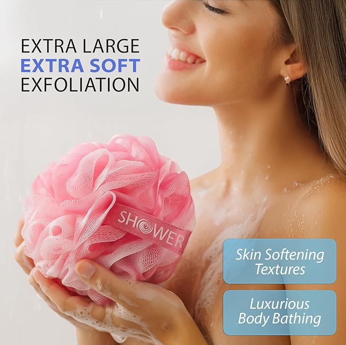 SHOWER BOUQUET Loofah Bath-Sponge XL Pink-4-Pack // Extra Large 75g Soft Mesh Net Luffa Loofa Loufa Lufa Puff Set/Exfoliating Body Scrubber for Women and Men - Exfoliate & Soothe Face & Body
