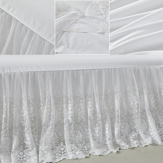 Brandream Lace Bed Skirt Twin Size White 18 Inch Drop Romantic Dust Ruffle Split Corners Bed Sheets Cover Excellent Quality