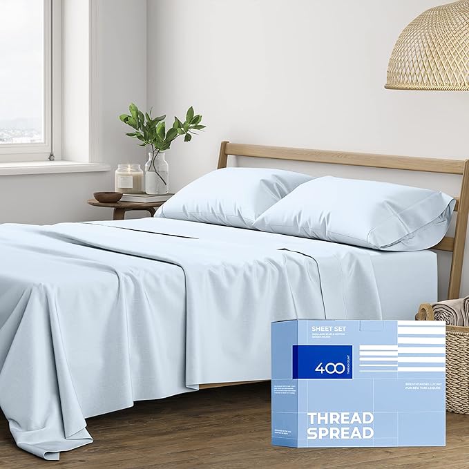 THREAD SPREAD Cotton Full Size Sheet Sets - 400 Thread Count 4 PC 100% Cotton Bed Sheets, 16” Deep Pocket Full Size Sheets Cotton, Extra Soft, Cooling Full Sheet Set, Luxury Hotel Sheets (Light Blue)