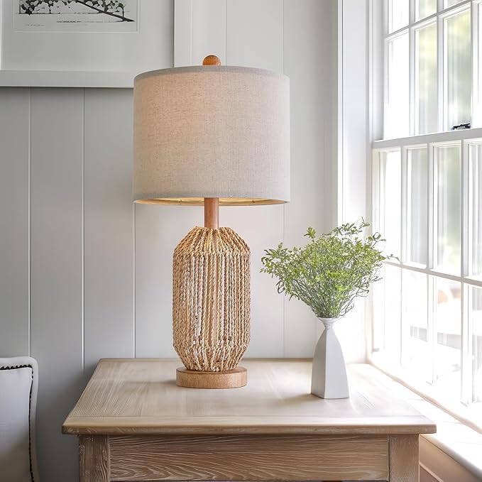 OYEARS 21" Boho Table Lamps Set of 2 for Living Room, Bedside Lamps for Nightstand, Rattan Lamp for Bedroom, Farmhouse Table Lamps for Boho Decor, End Table, Retro, Brown