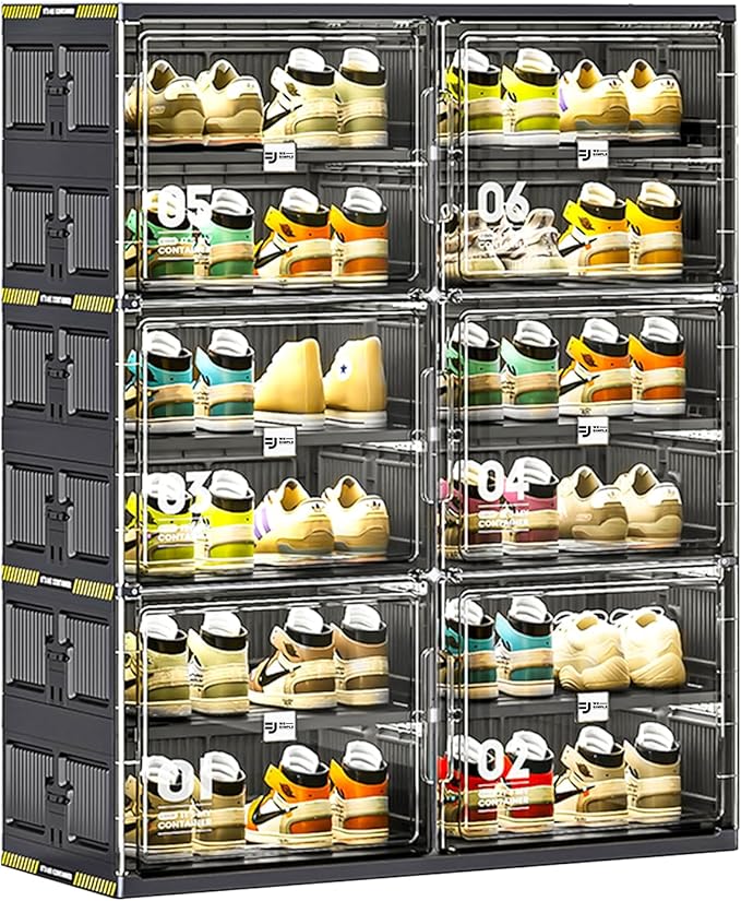 24 Pairs Portable Shoe Storage Cabinent of 3-Step Fast Installation,Plastic Shoe Box with Magnetic Clear Door for Entryway, Enclosed Shoe Rack for Sneaker, Heels etc.. (2Row, 6Tier)