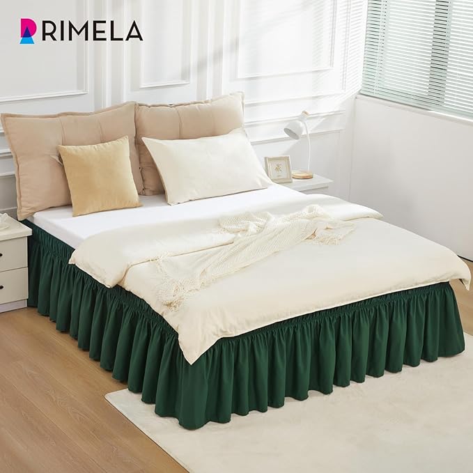 RIMELA Dark Green Bed Skirt Queen Size 15 Inch Drop, Elastic Bed Skirting for Bed Base and Frame, Bedding Dust Ruffle Easy to Install, Lightweight Wrap Around Adjustable Bedskirt