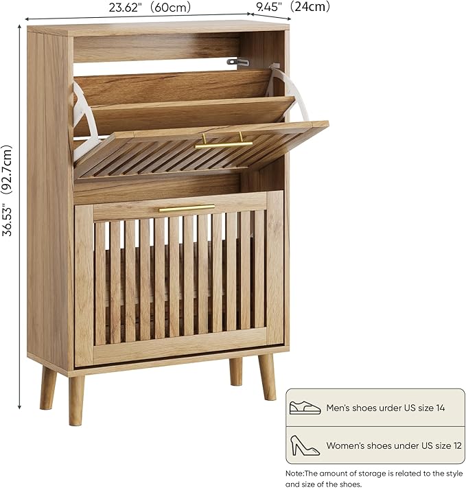 Shoe Cabinet with 2 Flip Slatted Drawers, Farmhouse Slim Shoe Organizer Rack with Golden Handles, Freestanding Hidden Entryway Storage for Hallway, Natural Oak