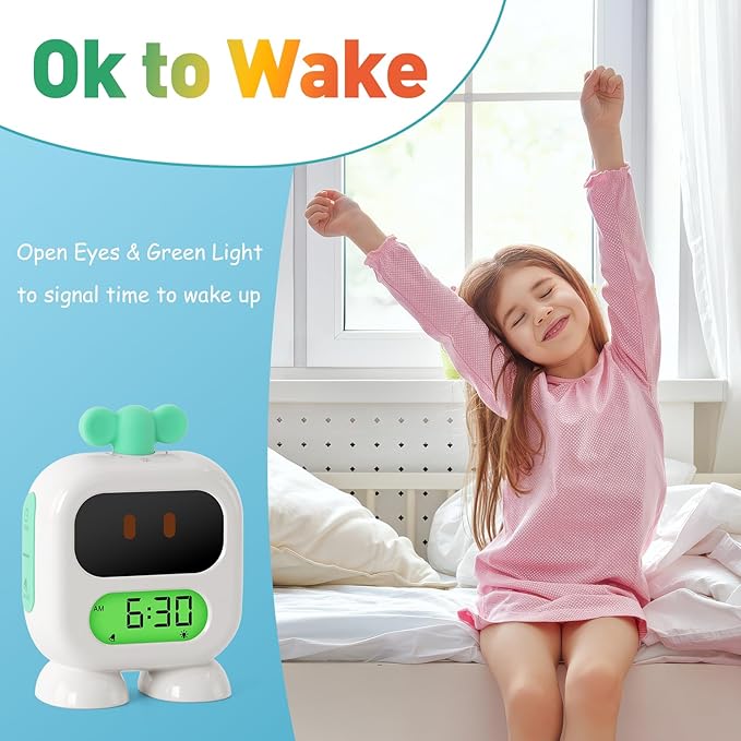Kids Alarm Clock Ok to Wake with Green Light Red Light, Nap Timer, Robot Toddler Sleep Training Clock for Children (Green)