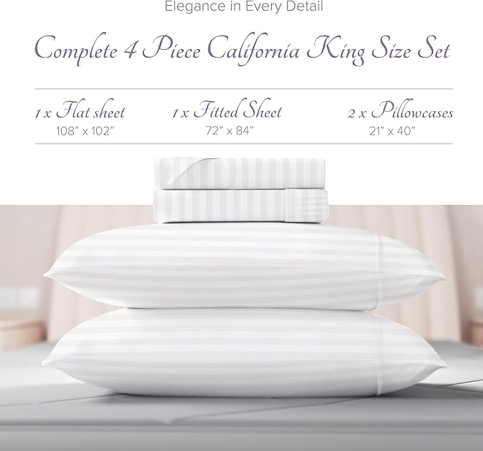 Carressa Linen Luxury Egyptian Cotton California King Stripe Sheet Set - 600 Thread Count Extra Long Staple 4 PC Set, Crisp White Cal King Stripe Sheets, Soft, Cooling Sheets Upto 18 in Deep Pocket