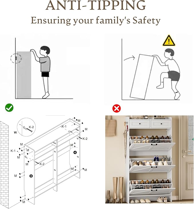 Shoe Storage Cabinet for Entryway, Farmhouse Narrow Shoe Cabinet with 3 Flip Drawers & 2 Top Drawers, Adjustable Shelves & Hooks, Freestanding Hidden Rack Organizer for Hallway, Foyer