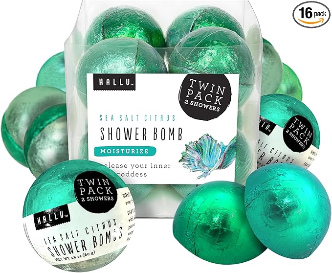 Hallu Mermaid Shower Bomb, Sea Salt Citrus Scent Shower Steamer, 80 g Each, 8 Packs of 2 (16 Total)