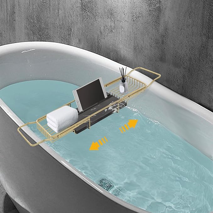 Bathtub Tray Caddy for Luxury Bath, Stainless Steel 26.8-35.4 in Expandable Extra Wide Bath Tub Tray with Natural Marble and Mobile/Tablet Stand, Ideal for Home Spa Lovers (Gold + Black)