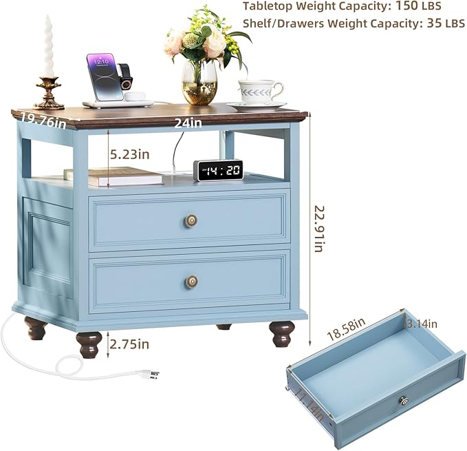Farmhouse Furniture Set, Nightstands Set of 2 and 7 Drawers Dresser for Bedroom, 54 Inch Wide Wood Dresser and 24" Night Stands with Charging Station for Bedroom, Living Room, Hallway